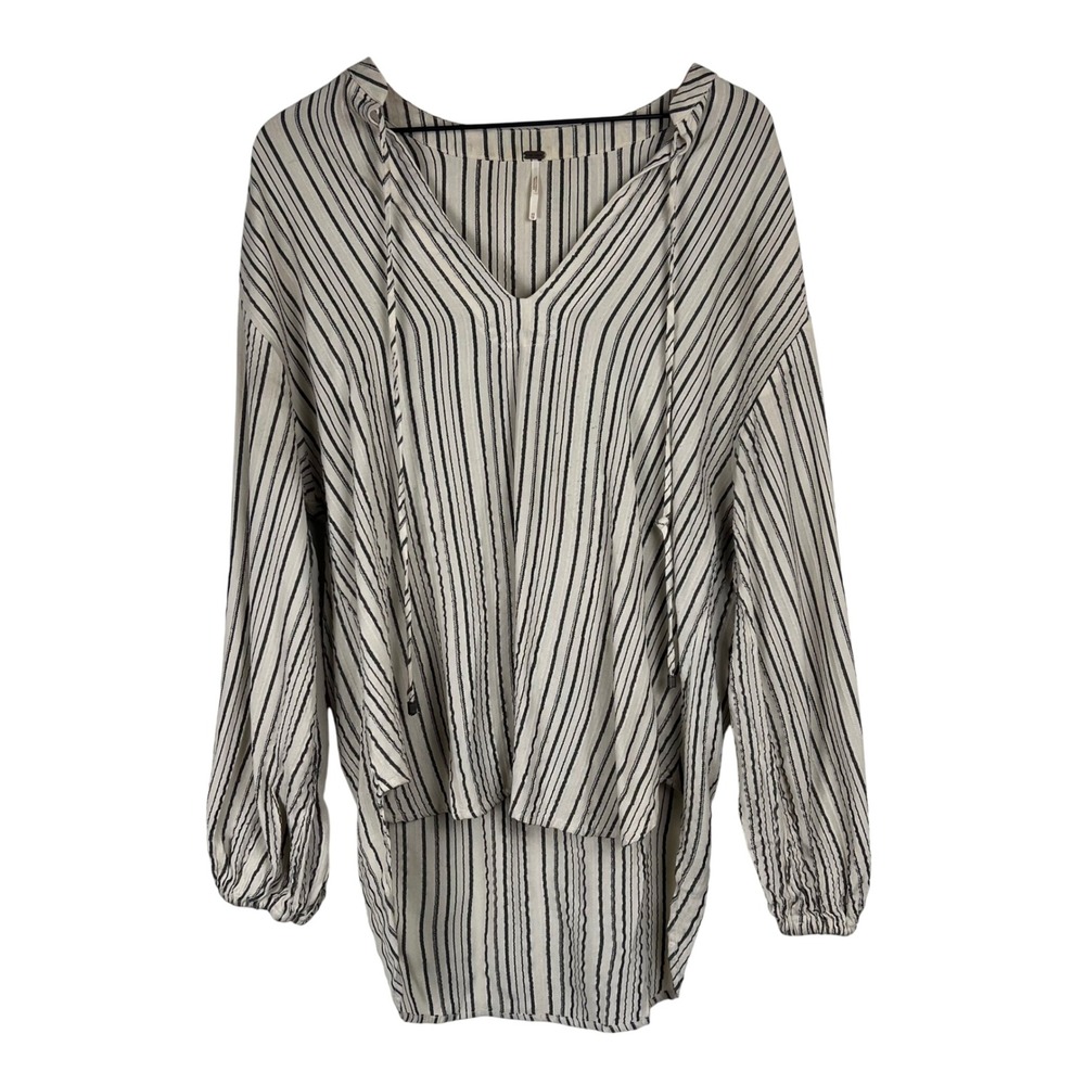 Free People Womens XS Striped Tunic Blouse Black Ivory Bishop‎ Sleeve High Low